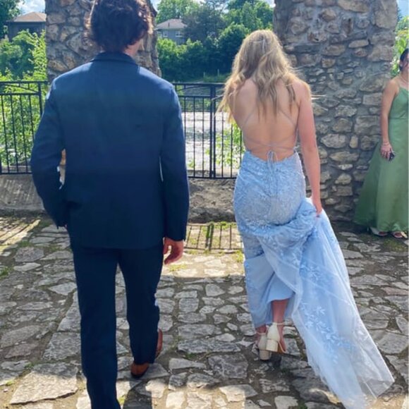 Sherri HIll 52338 - Multi layer floral scoop neck baby blue gown - worn once - Picture 5 of 6